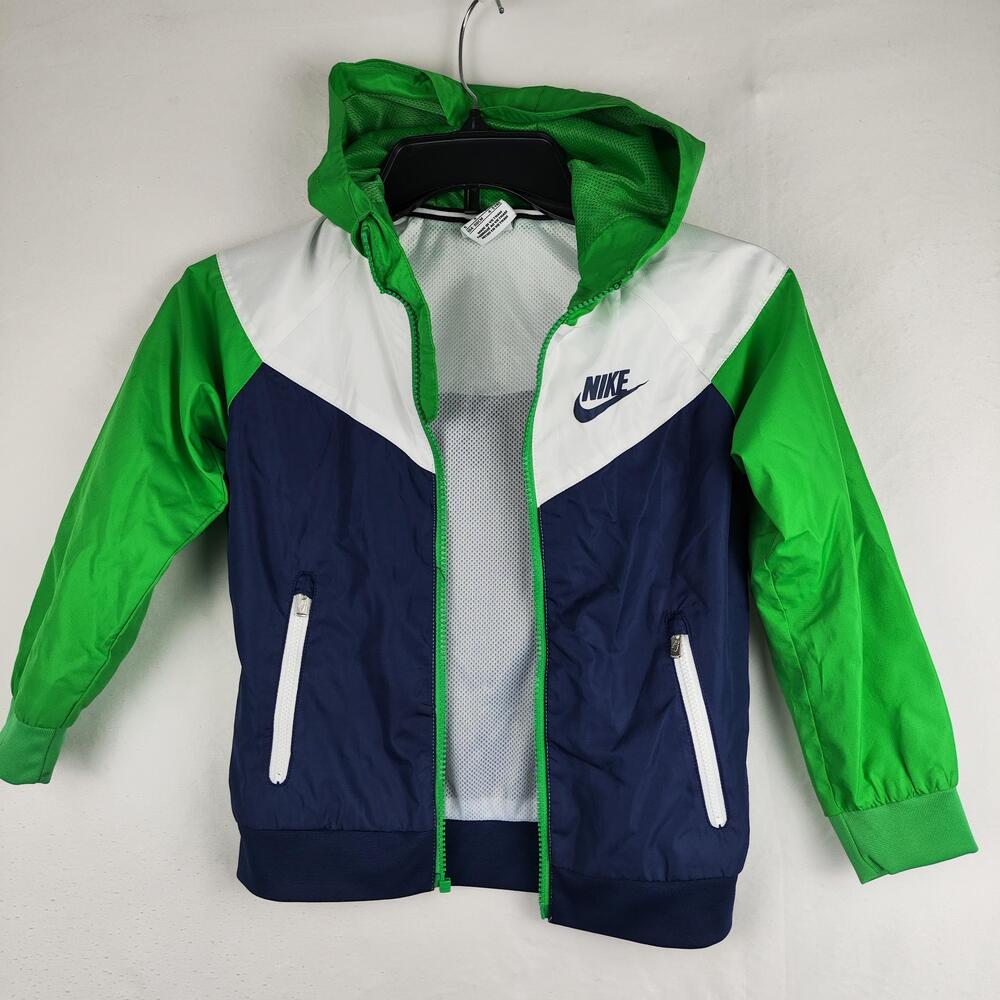Nike Jacket Kids 4-5Y Green Blue White Hooded Windbreaker Full Zip Mesh Lined